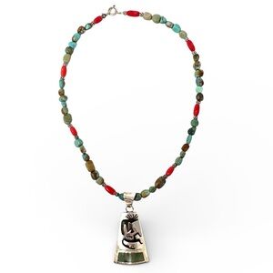 Vintage Navajo sterling silver Kokopelli, inlaid green Jasper, turquoise nklc